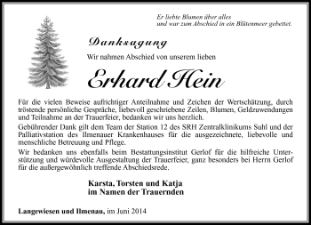 Traueranzeige von Erhard Hein von Südthüringer Presse