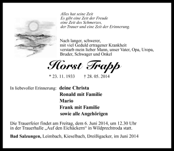 Traueranzeige von Horst Trapp von Südthüringer Presse