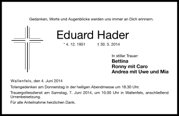 Traueranzeige von Eduard Hader von Neue Presse Coburg