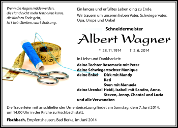 Traueranzeige von Albert Wagner von Südthüringer Presse