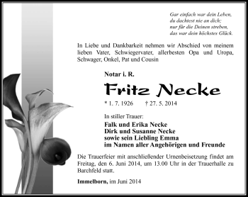 Traueranzeige von Fritz Necke von Südthüringer Presse
