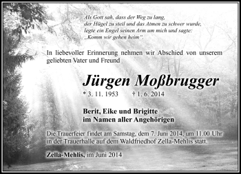 Traueranzeige von Jürgen Moßbrugger von Südthüringer Presse