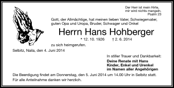Traueranzeige von Hans Hohberger von Frankenpost