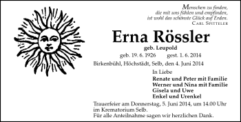 Traueranzeige von Erna Rössler von Frankenpost