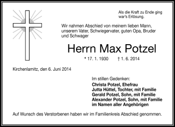 Traueranzeige von Max Potzel von Frankenpost
