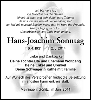Traueranzeige von Hans-Joachim Sonntag von Südthüringer Presse