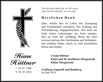 Traueranzeige von Hans Hüttner von Südthüringer Presse