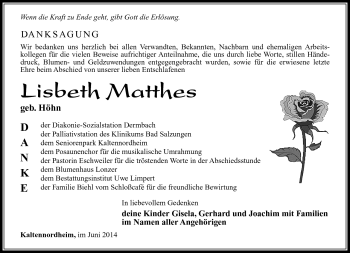 Traueranzeige von Lisbeth Matthes von Südthüringer Presse