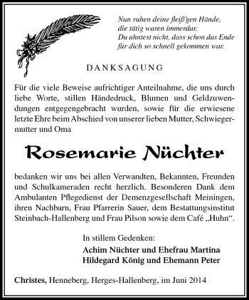 Traueranzeige von Rosemarie Nüchter von Südthüringer Presse