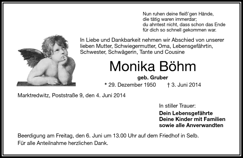  Traueranzeige für Monika Böhm vom 04.06.2014 aus Frankenpost