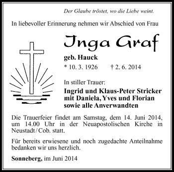 Traueranzeige von Inga Graf von Südthüringer Presse