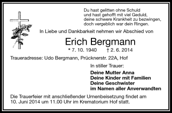 Traueranzeige von Erich Bergmann von Frankenpost