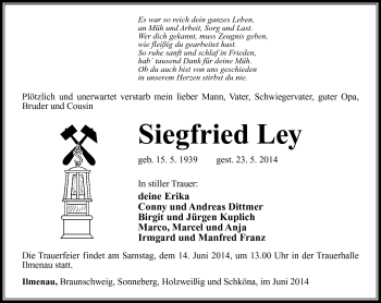 Traueranzeige von Siegfried Ley von Südthüringer Presse
