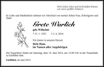 Traueranzeige von Grete Warlich von Südthüringer Presse