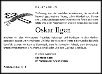 Traueranzeige von Oskar Ilgen von Südthüringer Presse