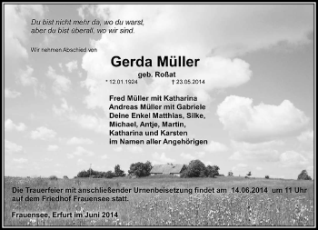 Traueranzeige von gerda Müller von Südthüringer Presse