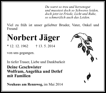 Traueranzeige von Norbert Jäger von Südthüringer Presse