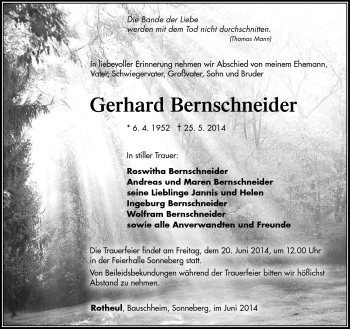 Traueranzeige von Gerhard Bernschneider von Südthüringer Presse