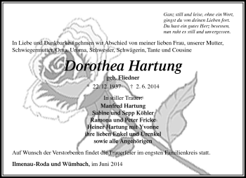 Traueranzeige von Dorothea Hartung von Südthüringer Presse