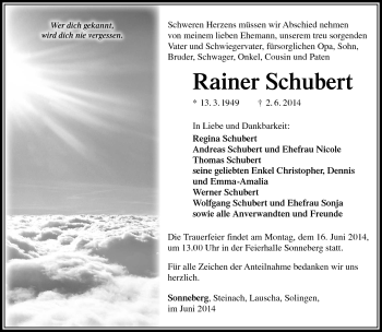 Traueranzeige von Rainer Schubert von Südthüringer Presse