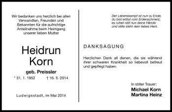 Traueranzeige von Heidrun Korn von Neue Presse Coburg