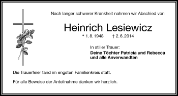 Traueranzeige von Heinrich Lesiewicz von Frankenpost