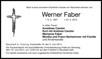 Traueranzeige von Werner Faber von Neue Presse Coburg