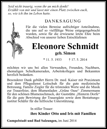 Traueranzeige von Eleonore Schmidt von Südthüringer Presse