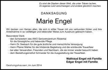 Traueranzeige von Marie Engel von Neue Presse Coburg