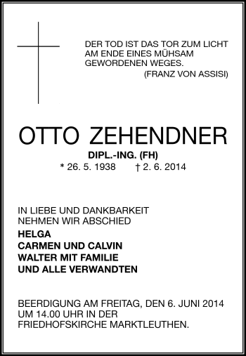 Traueranzeige von Otto Zehendner von Frankenpost