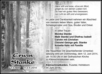 Traueranzeige von Erwin Stanke von Südthüringer Presse