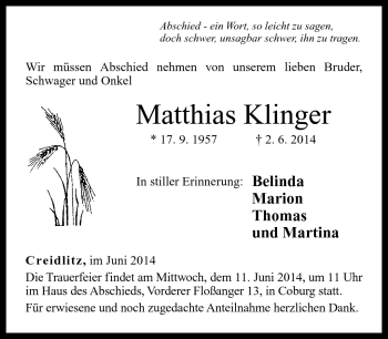 Traueranzeige von Matthias Klinger von Neue Presse Coburg