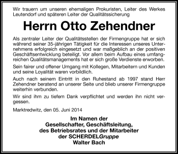 Traueranzeige von Otto Zehendner von Frankenpost