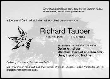 Traueranzeige von Richard Tauber von Neue Presse Coburg