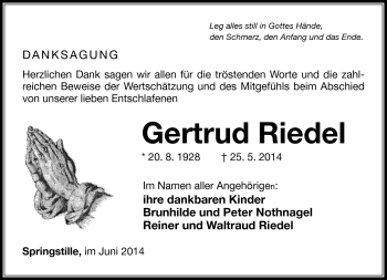 Traueranzeige von Gertrud Riedel von Südthüringer Presse