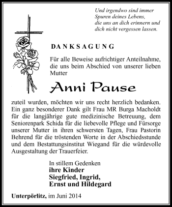 Traueranzeige von Anni Pause von Südthüringer Presse