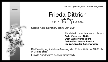 Traueranzeige von Frieda Dittrich von Frankenpost