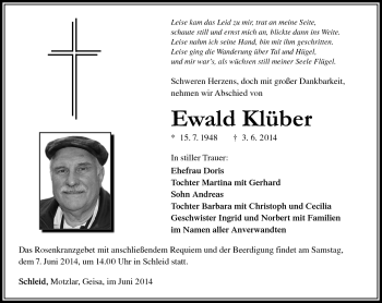 Traueranzeige von Ewald Klüber von Südthüringer Presse