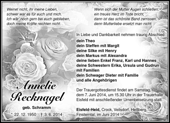 Traueranzeige von Annelie Recknagel von Südthüringer Presse