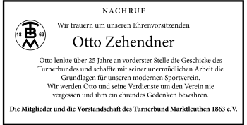 Traueranzeige von Otto Zehendner von Frankenpost