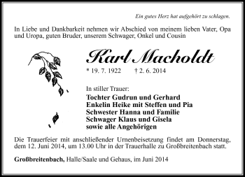 Traueranzeige von Karl Macholdt von Südthüringer Presse
