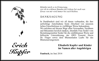 Traueranzeige von Erich Kupfer von Südthüringer Presse