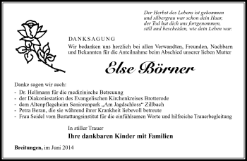 Traueranzeige von Else Börner von Südthüringer Presse