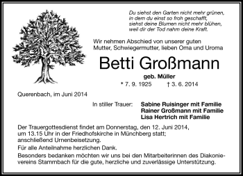 Traueranzeige von Betti Großmann von Frankenpost