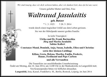 Traueranzeige von Waltraud Jasulaitis von Südthüringer Presse
