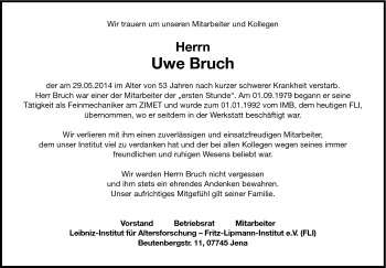 Traueranzeige von Uwe Bruch von Neue Presse Coburg