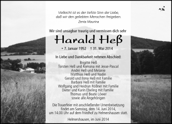 Traueranzeige von Harald Heß von Südthüringer Presse
