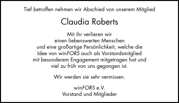 Traueranzeige von Claudia Roberts von Frankenpost