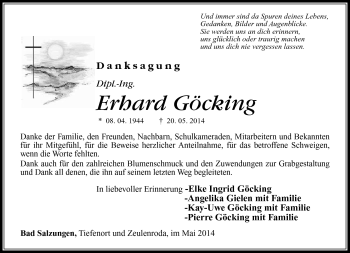 Traueranzeige von Erhard Göcking von Südthüringer Presse