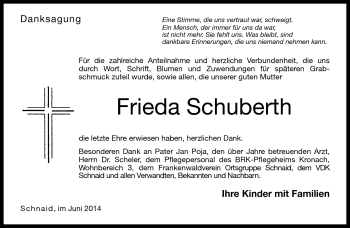 Traueranzeige von Frieda Schuberth von Neue Presse Coburg